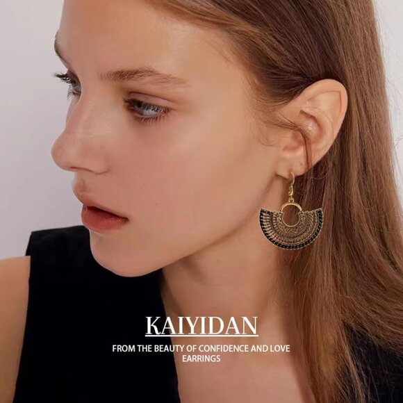 Fan Sector Shaped Braided Boho Dangle Statement Vintage Dainty Earring for Women - Picture 9 of 9